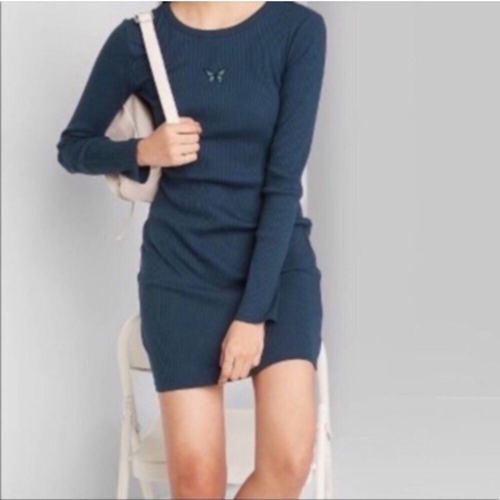 Wild Fable Blue Butterfly Embroidered Ribbed Dress